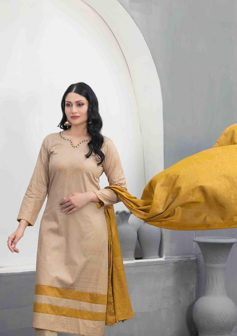 A matching contrast dupatta in Banarasi fabric with plain trousers - Image 3